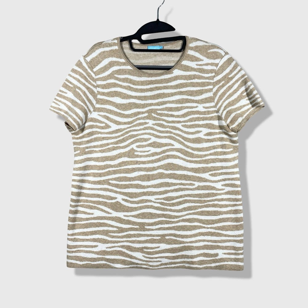 J.McLaughlin Zebra Print Knit Top Womens Small Tan White Preppy Coastal Safari